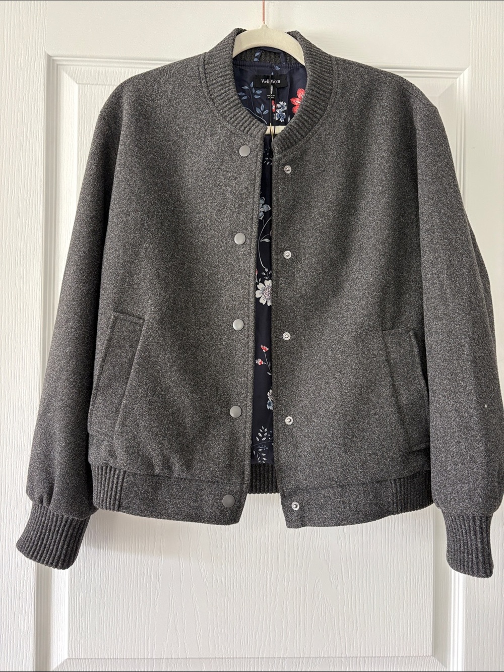 Well Worn Gray Bomber Jacket with Floral Navy Lining